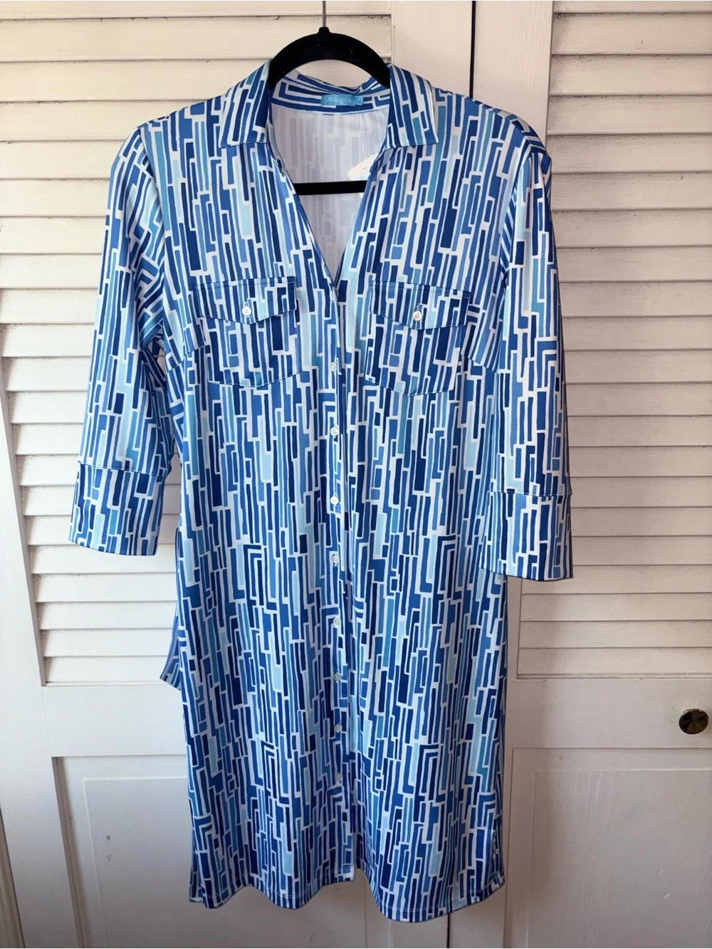 J. McLaughlin Brynn Shirt Dress NWT Small Blue Geometric Belted Catalina Cloth - Picture 2 of 5